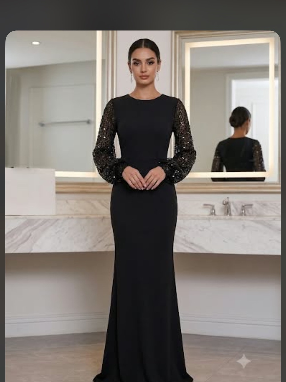 SHEIN Black Long-Sleeve Sequin Bishop Sleeve Evening Dress